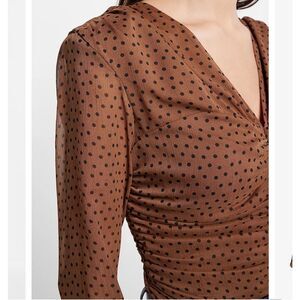 Express brown black polka dot ruching blouse long sleeve small s